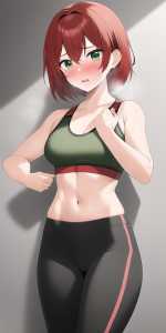 girl, very short red hair, green eyes, fit body, sports bra, leggings, sweaty, embarrassed,  s-1303794986.png
